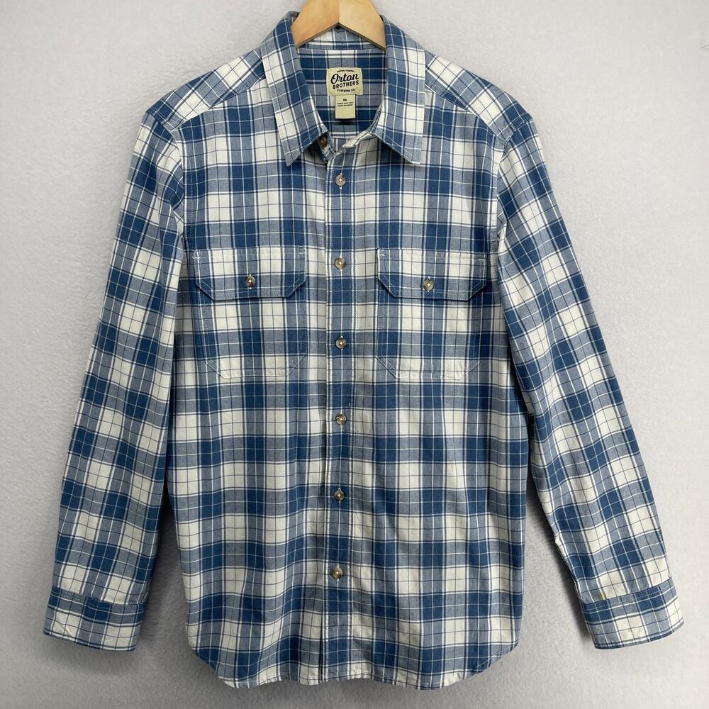ORTON BROTHERS Shirt Mens M Washed Canvas Tartan Plaid Button Up Cotton Blue